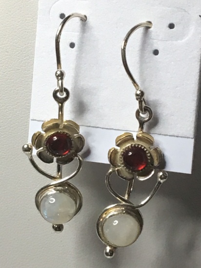 .925 1 1/8" Gorgeous Moonstone Garnet Handmade Earrings,   "see Set" 