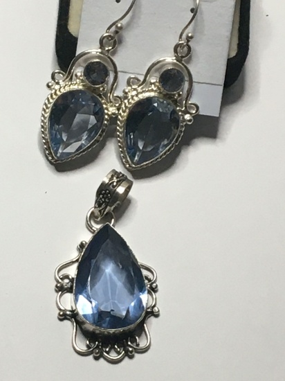 2" Gorgeous Detailed Faceted Tanzanite Quartz Pendant With Matching Earrings 
