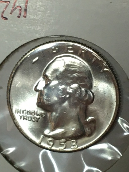 Washington Silver Quarter 1958 Gem B U High Grade Die Error Hair Lines