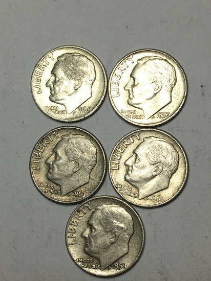 Roosevelt Silver Dime Lot Of 5 90% Silver Coins
