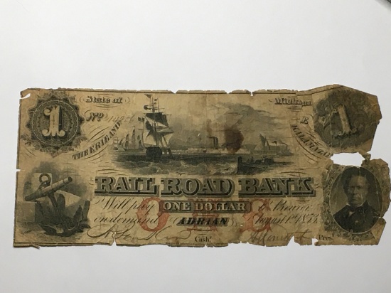 Confederate Bank Note Rail Road Bank 1853 One Dollar Adrian Extremly Rare $800+ In Good!!