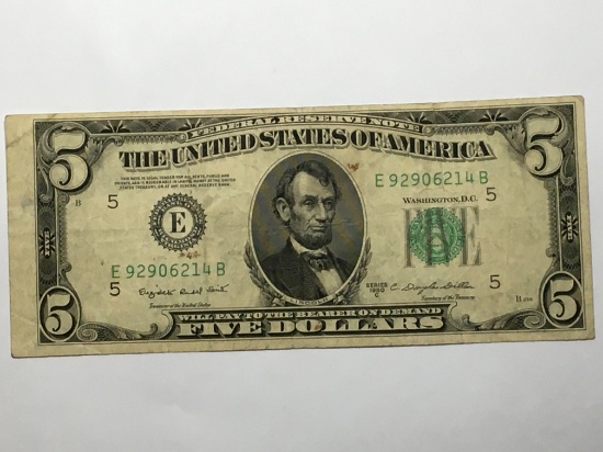 Federal Reserve Note 1950 C Off Cut Error $5 Dollar Bill
