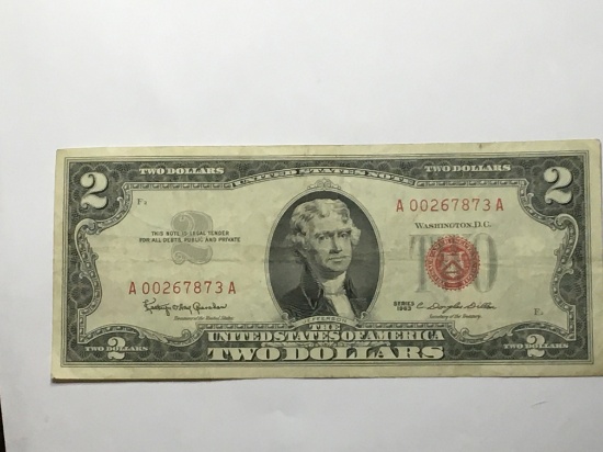 2 Dollar Bill 1963 Red Seal Crisp Extra fine nice Condition