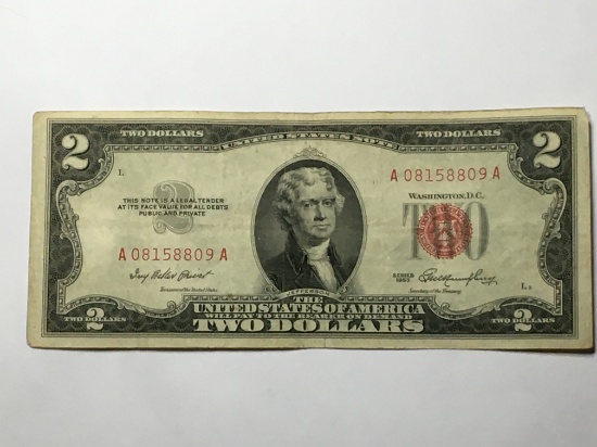 2 Dollar Bill 1953 Red Seal Crisp Extra fine great Condition