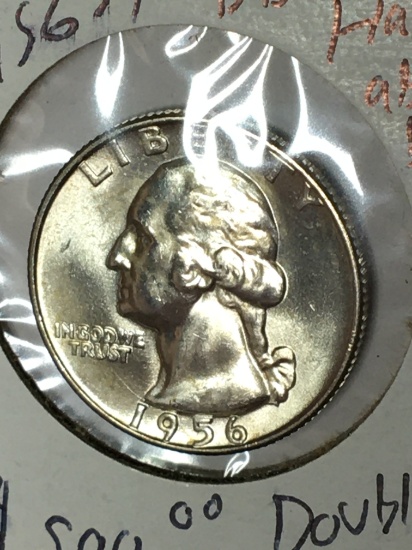 Washington Silver Quarter 1956 D D O Double Die Error Gem B U