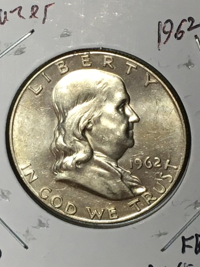 Franklin Half Dollar 1962 D Gem B U  Full Bell Lines Blazing Luster