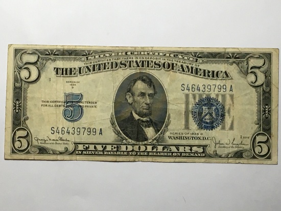 5 Dollar Bill 1934 D Blue Seal Great Condition