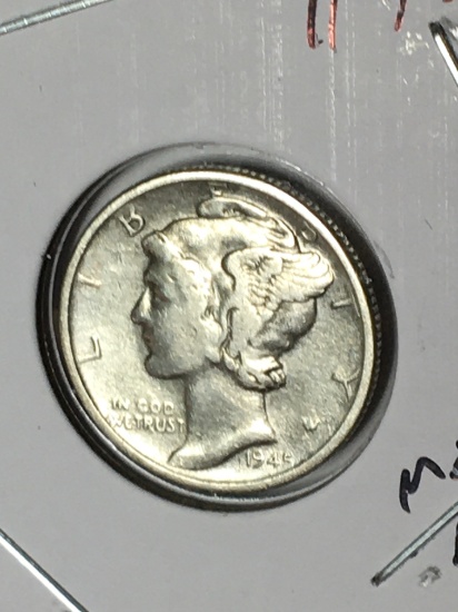 Mercury Silver Dime 1945 Mint Error Shadow 5 A U