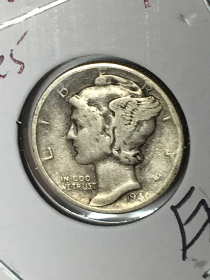 Mercury Silver Dime Major Mint Error 194? Struck On Weak Or Broken Dies Date Smudged