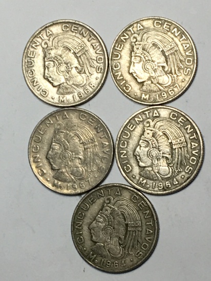  mexico Centavos Lot Of 5 20 Centavos Coins 1964 To 1968 Vintage Coin Lot