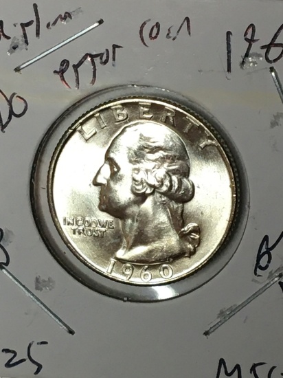Washington Silver Quarter 1960 D Gem B U Error Hairlines High Grade Gem B U Blast White