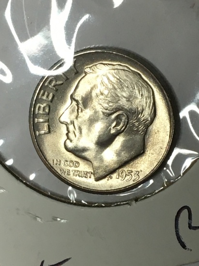 Roosevelt Silver Dime 1953 S / S key Date Gem B U High Grade Rainbow rev  