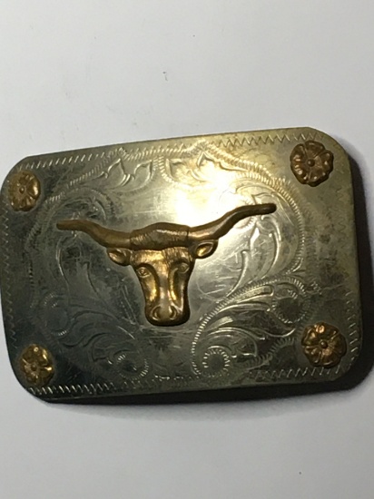 Antique Belt Buckle Nickel And Silver Cowboy Bull