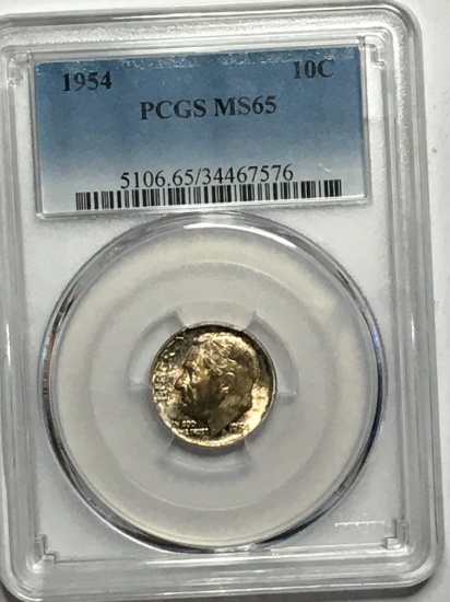 Roosevelt Dime 1954 graded mosnter Rainbow Colors