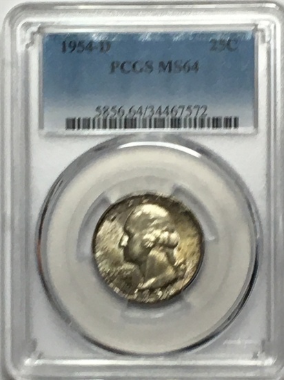 Washington Silver Quarter 1954 D  Graded pastel Rainbow From Mint Set