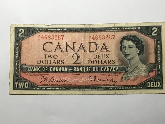 Bank Of Canada Antique 1954 2 Dollar Bill