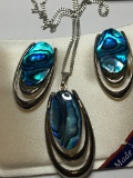 Palladium Plated Earrings And Necklace Set New Zeland Paua Shell New Vintage $199 Retail+
