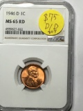 Lincoln Wheat Cent 1946 D graded glowing Red D/d