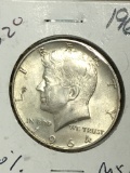 Kennedy Silver Half Dollar 1964 B U+ Frosty  90% Silver Coin