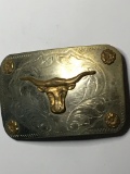 Antique Belt Buckle Nickel And Silver Cowboy Bull
