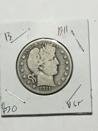 Barber Silver Half Dollar 1911  Nice Original Coin