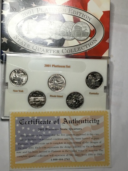 Platiunum Edition State Quarters With Coa In Box 5 Coins Layered In Pure Platinum