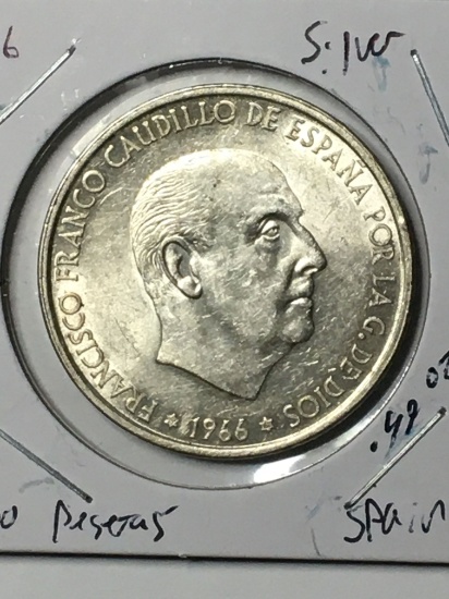 Spain Silver Coin 1966 .49 Troy Oz Silver Large Coin 100 Pesetas 
