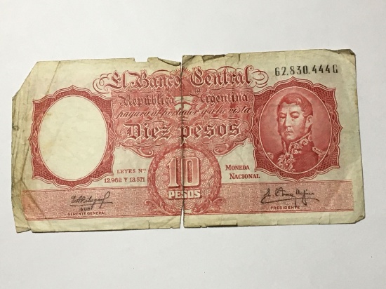 Antique 10 Pesos Bank Note Argentina