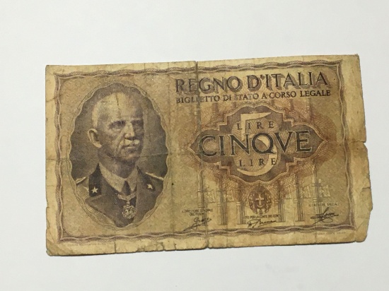 Antique Italian Bank Note 5 Lire 1940