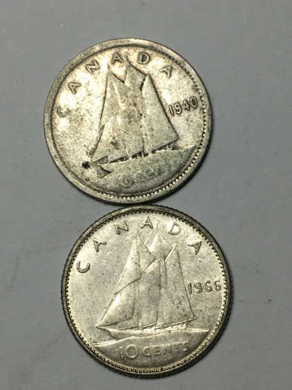 Canada Silver Dime Lot 1940 And 1966