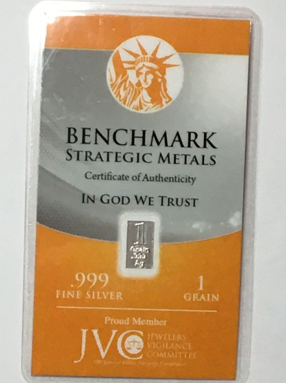 Carded 1 Grain Pure Silver Bar .999 Fine Bench Mark