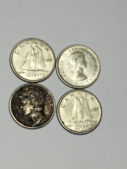 Canada Silver Dimes And Mercury Dime Lot 4 Coins