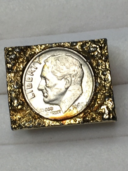 Gold Nugget Style 24 Kt Plated Cuff Link With Roosevelt Dime Inlay 1965