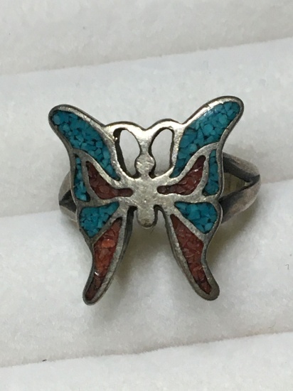 Sterling Silver Vintage Lapis And Jasper Butterfly Ring 3.5+ Grams