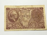 Italy Antique Bank Note 5 Lire 1944 