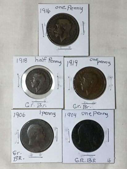 (5) Great Britian 1918 1/2 Penny, 1904, 1906, 1916, 1919 1 Penny