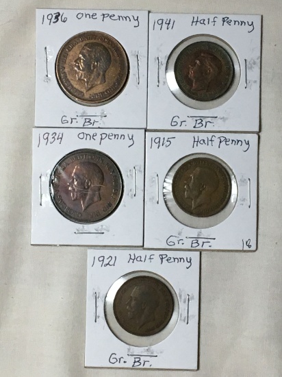 (5) Great Britian 1915, 1921, 1941 1/2 Penny, 1934, 1936 1 Penny
