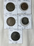 (5) Great Britian 1862, 1916 1/2 Penny & 1866, 1914, 1920 1 Penny