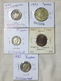 (5) Foreign Coins Switzerland, India, Belize, De Atocha Coin