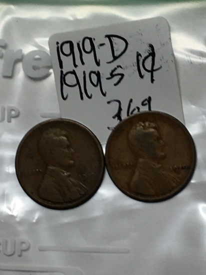 (2) Lincoln Wheat Cent 1919 D, 1919 S