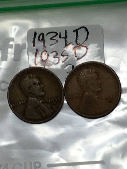 (2) Lincoln Wheat Cent 1934 D, 1935 D