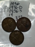 (3) Lincoln Wheat Cent 1936 P, D, & S