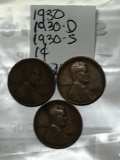 (3) Lincoln Wheat Cent 1930 P, D, & S
