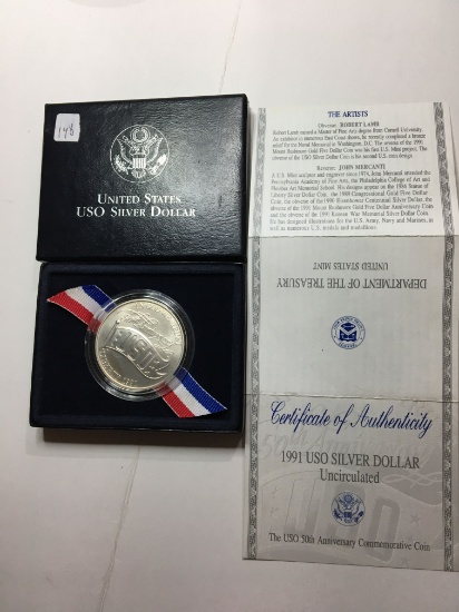 U S A Silver Dollar 1991 Gem  In Mint Plastic Case And Box With C O A .76 Troy O Z 90%