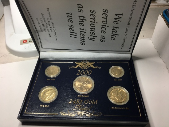 24 Kt Gold Plated 2000 Coin Collection Dollar Quarter, Dime, Nickel & Penny In Box With C O A