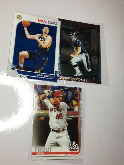 (3) Sports Trading Cards   2019  Mike Trout    1999  Brandon Stokley    2019   Goga Bitadze
