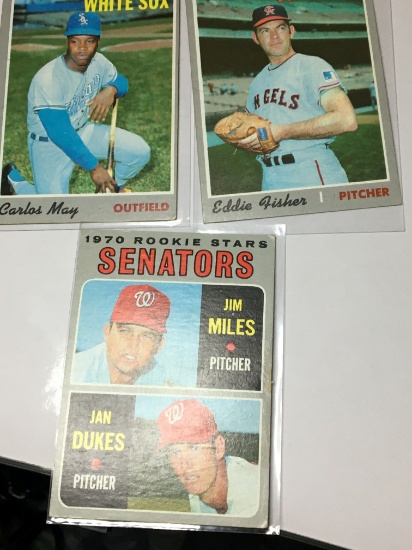 (3) Assorted Baseball Cards Carlos May  Eddie Fisher  1970 Rookie Stars Jim Miles  Jan Dukes