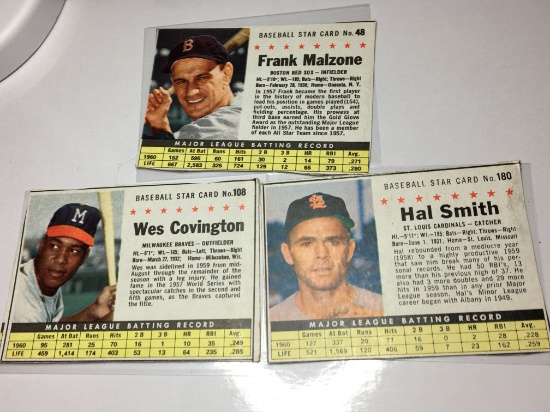 (3) 1961 Baseball Stars Red Sox Frank Malzone Bfraves O.F. Wes Covington Cardinals Hal Smith
