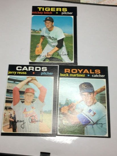 (3)cards Detroit Tigers Mickey Lolich st. Loius Cards Jerry Reuss kansas City royals Buck Martinez