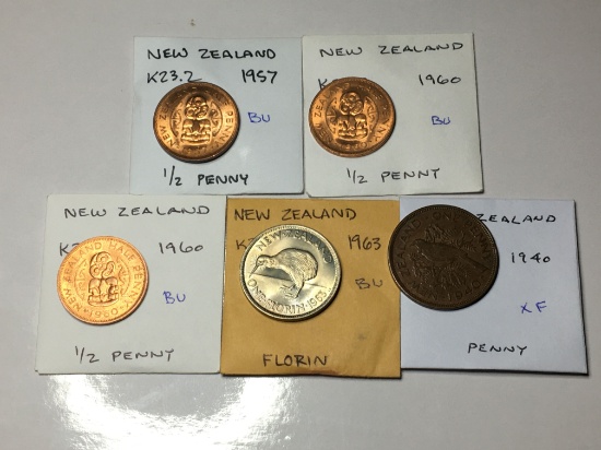 New Zealand 1957& (2) 1960 1/2 Penny Bu, 1940 Penny Extra Fine(nick), 1963 Florin Bu